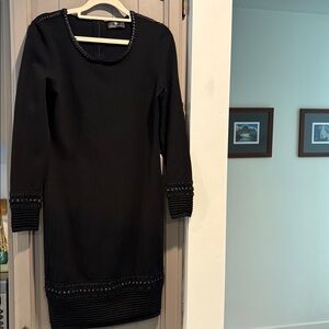 Rena Lange 100% Virgin Wool Sweater Dress W/leather Trim